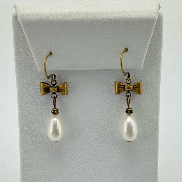 Teardrop Pearl & Bow Earrings, Handmade, Antique Brass & Genuine Pearl, Coquette - Picture 2 of 4